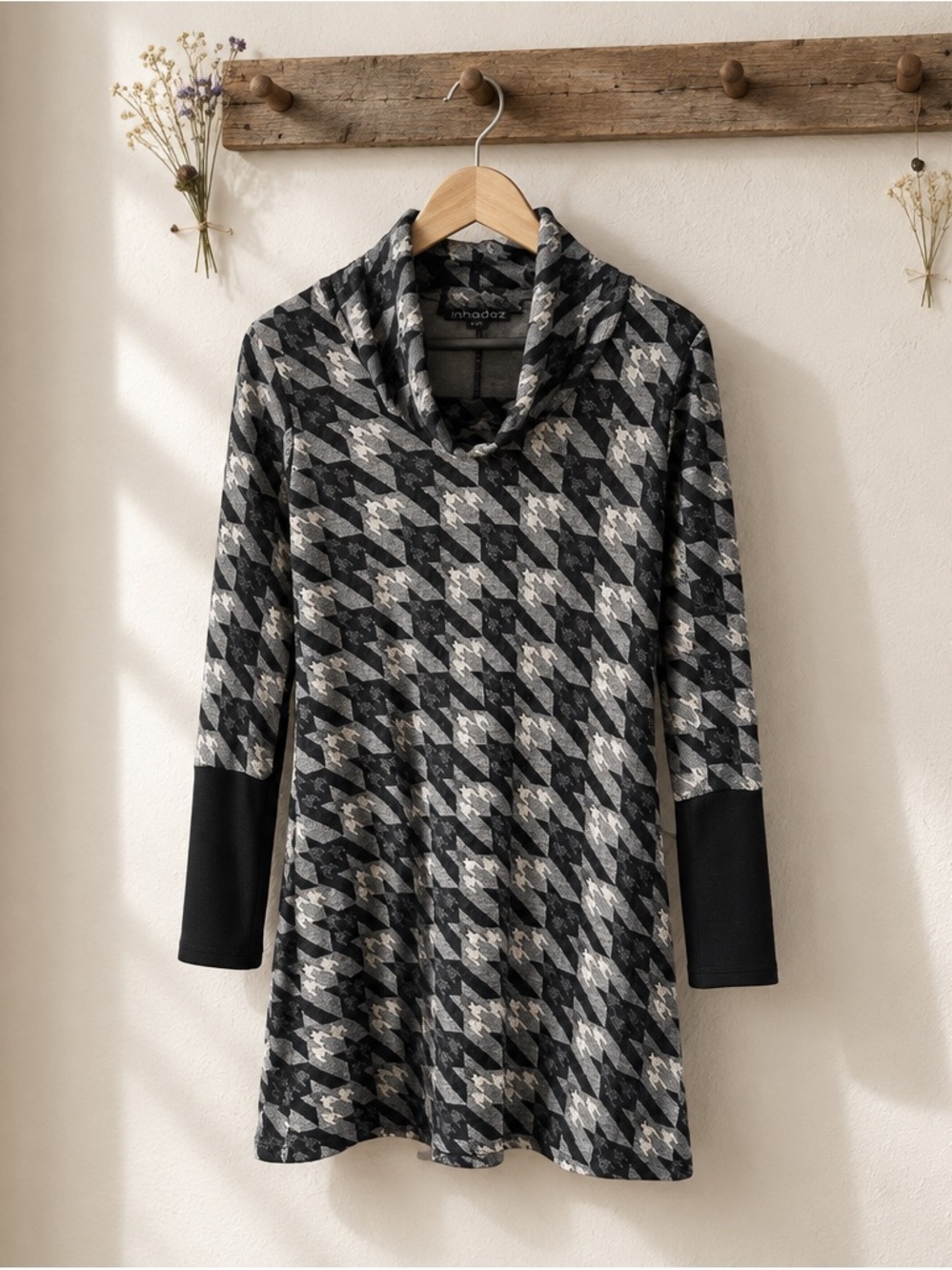 Inhabit Black & Gray Houndstooth Cowl Neck Sweater Tunic